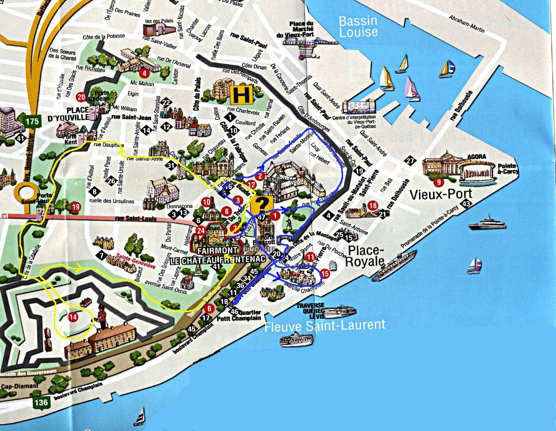 mapa starý Quebec s atrakciami